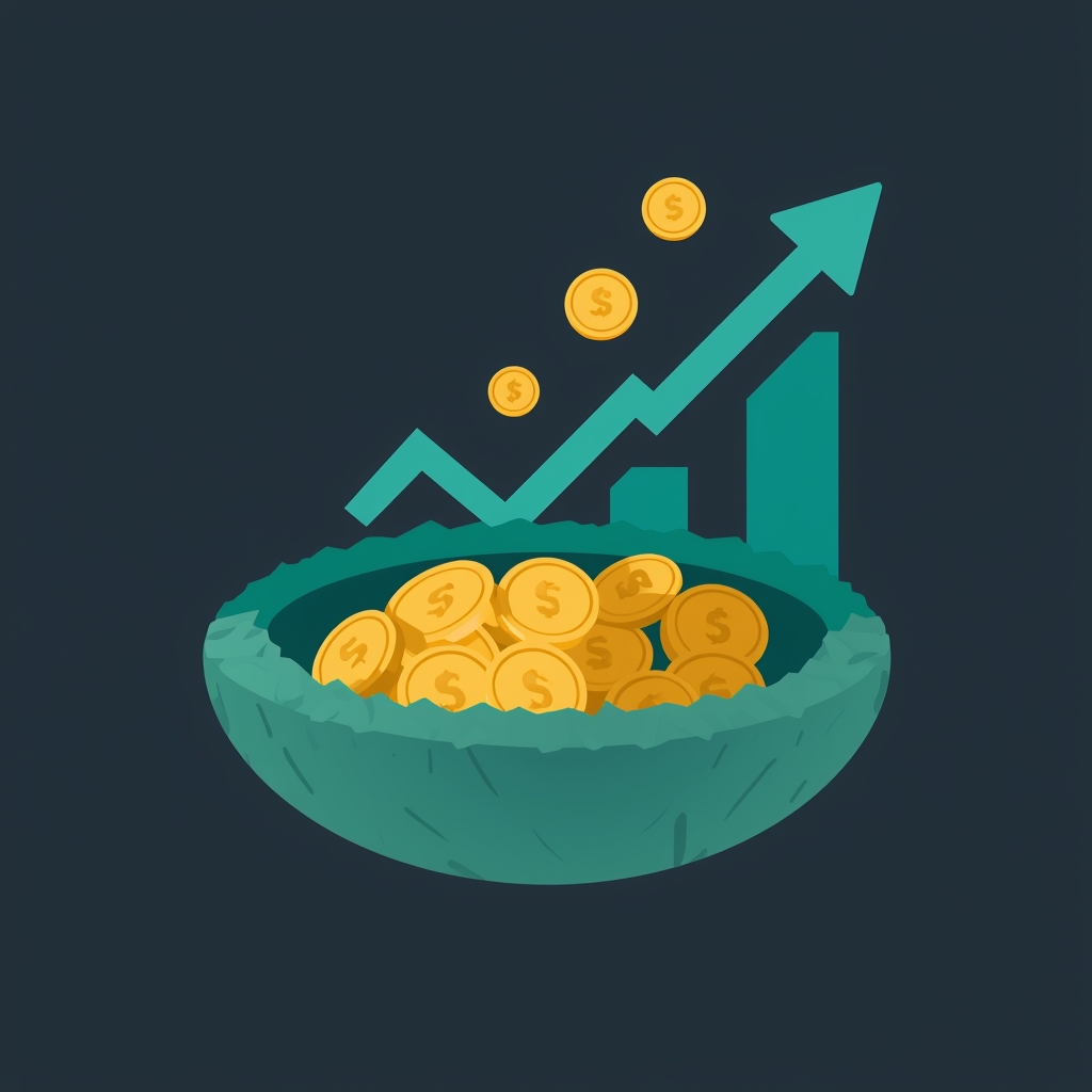 lucid origin professional flat illustration of a retirement nest egg with gold coins growing 0