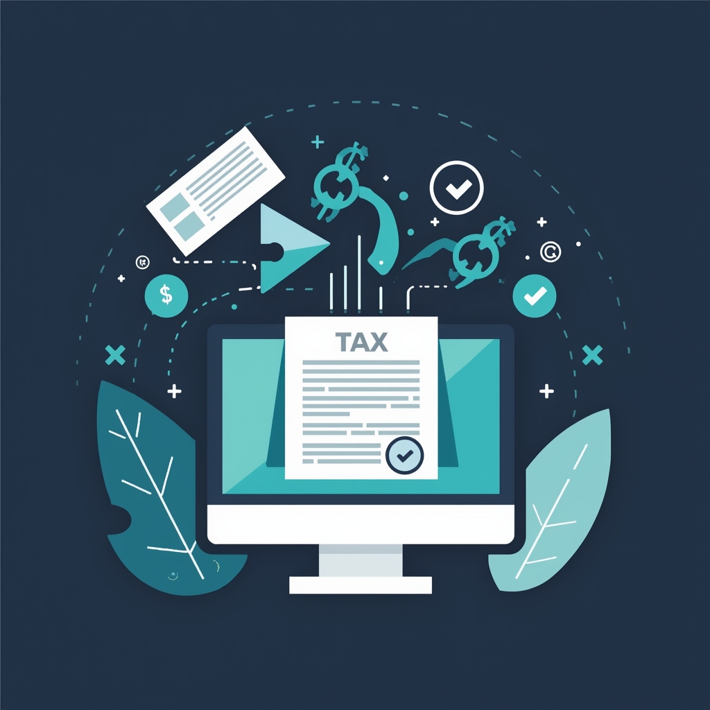 lucid origin professional flat illustration of tax forms being processed by an ai computer wi 0